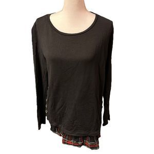 LOFT tartan mixed media sweatshirt blouse top women’s large buttons ruffle